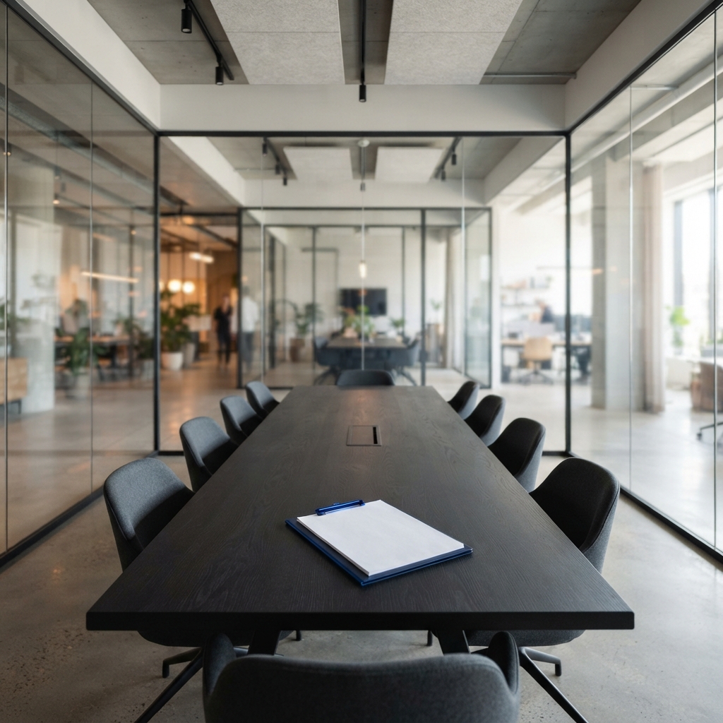 Empty modern conference room with a single strategy document