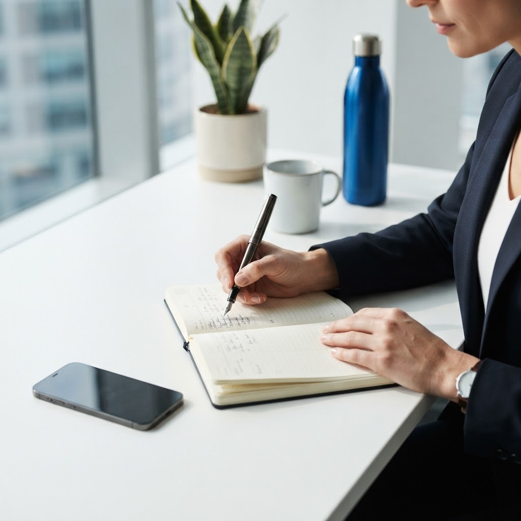 Professional hands working on strategy at a clean desk
