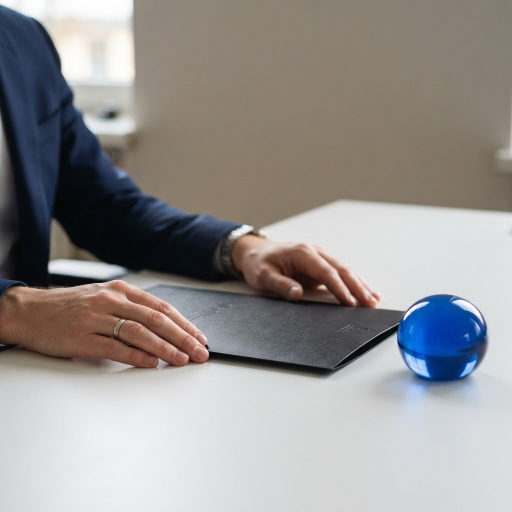 A professional holding a dark document sleeve on a white desk