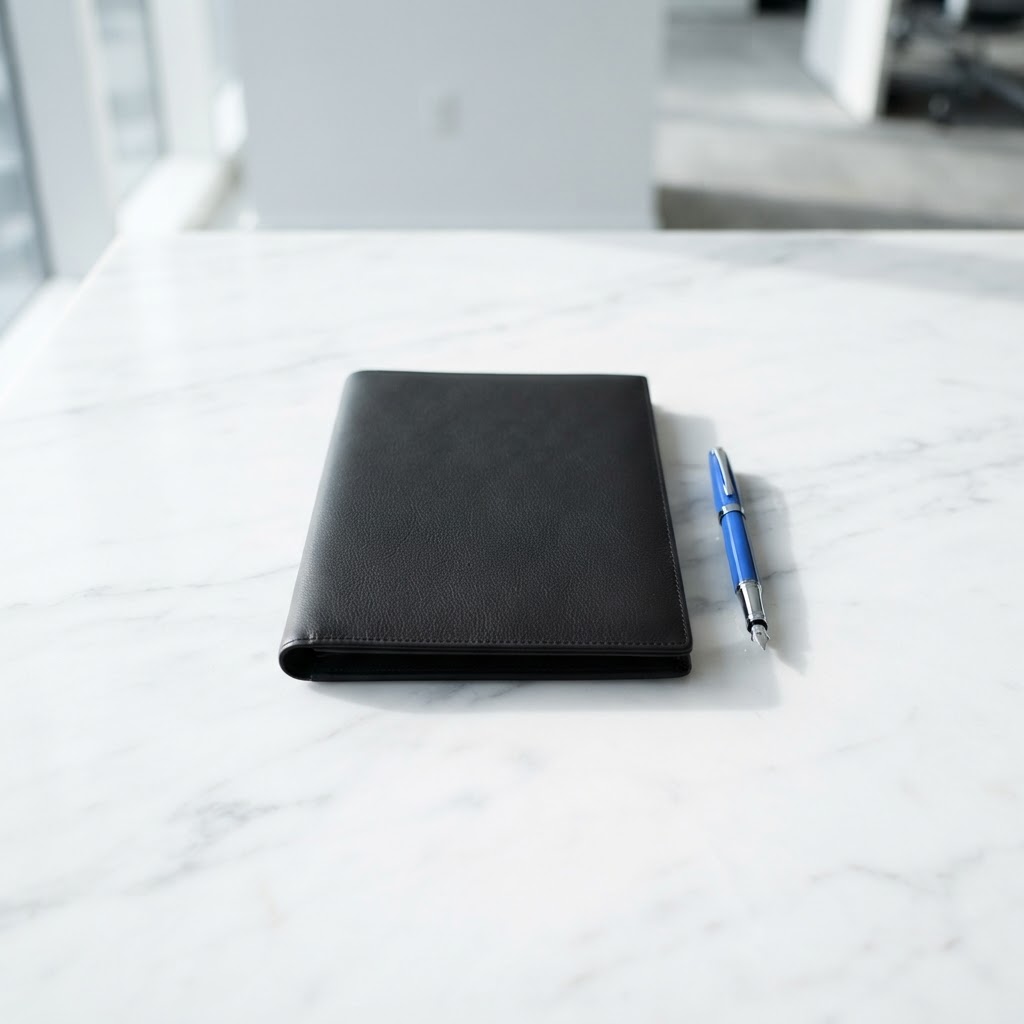 A single closed executive folder and a blue pen on a clean white desk