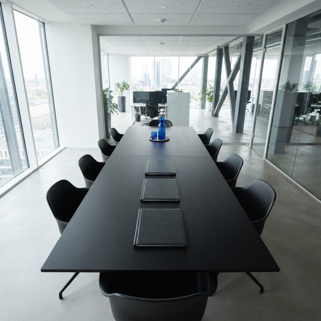 Professional documents arranged in a row on a long dark table