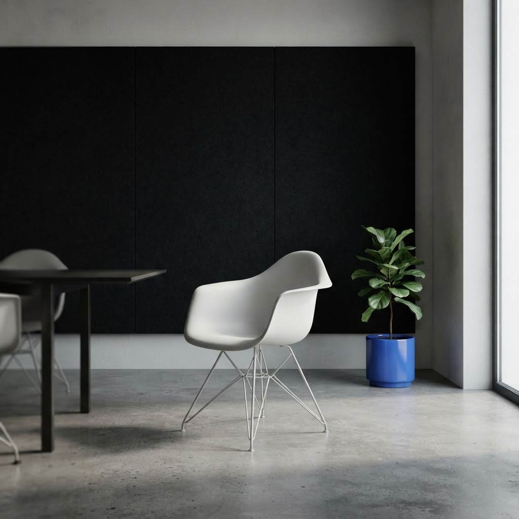 Minimalist modern office space with high contrast decor
