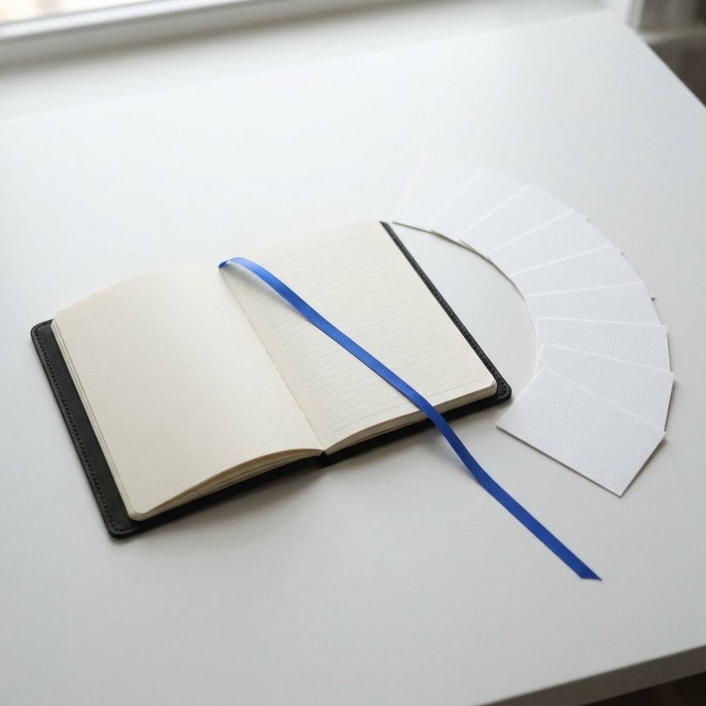 Open notebook with organized cards on a white desk