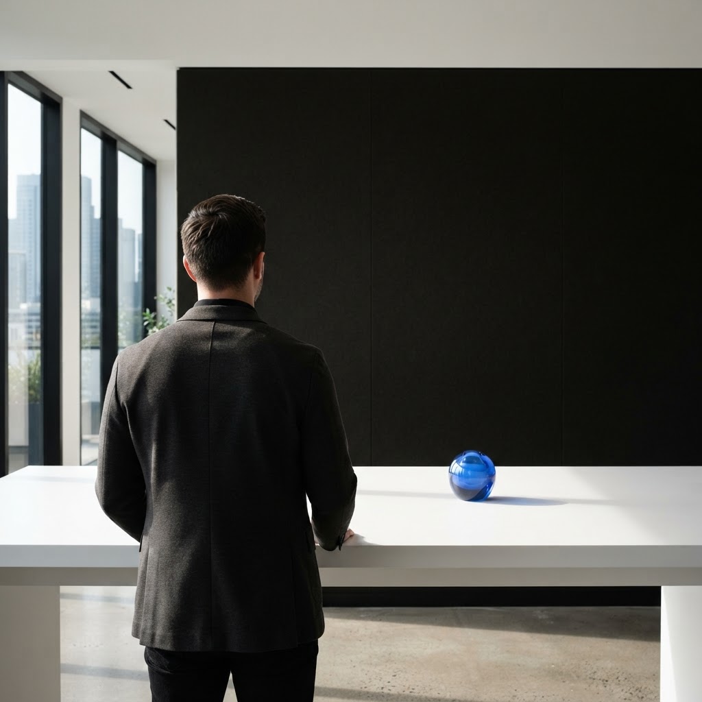 A professional standing at a desk with a blue paperweight