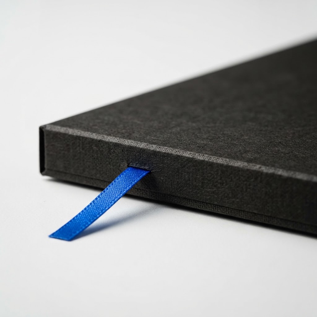 Close up of a black folder edge with a blue silk ribbon bookmark