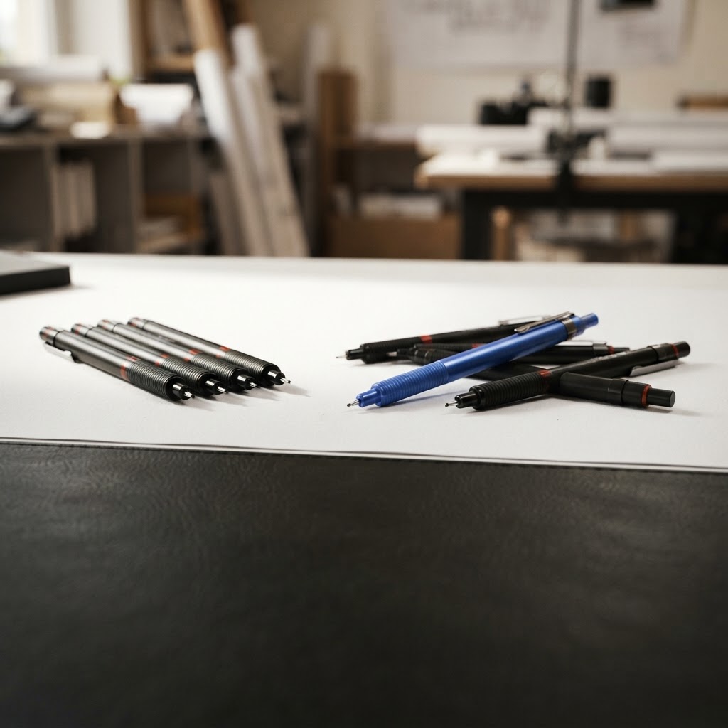 Professional drafting pens organized on a desk