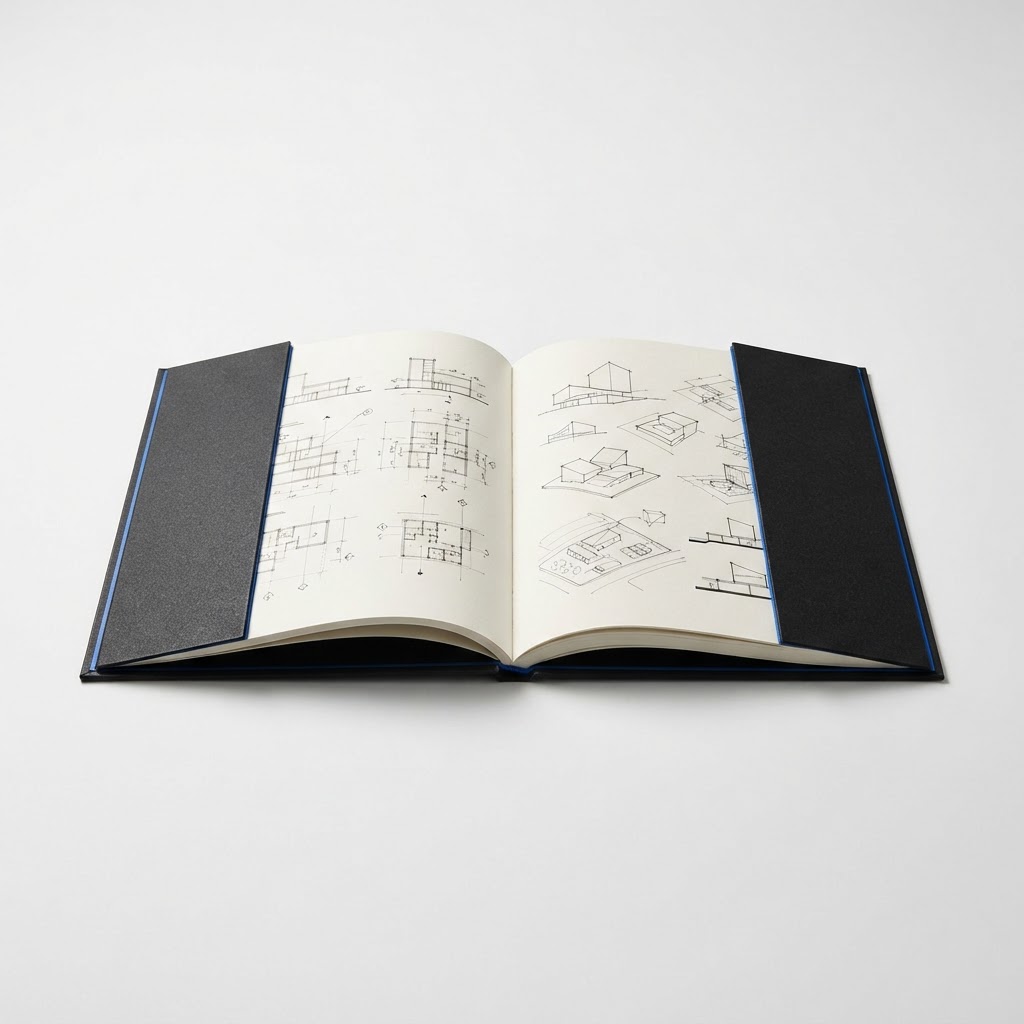 A black architectural planning folder on a white surface with a blue accent.