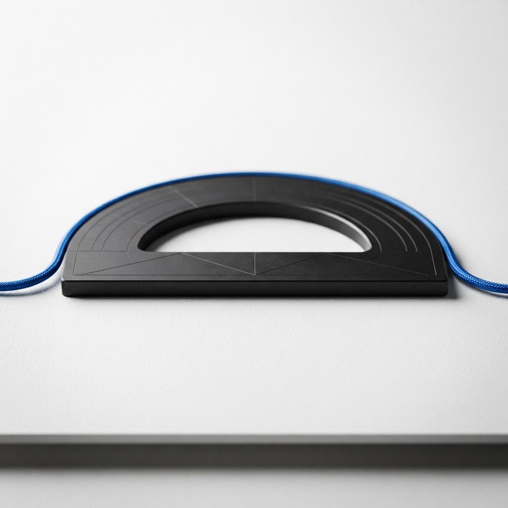 An architectural protractor with a blue cable on a white surface.