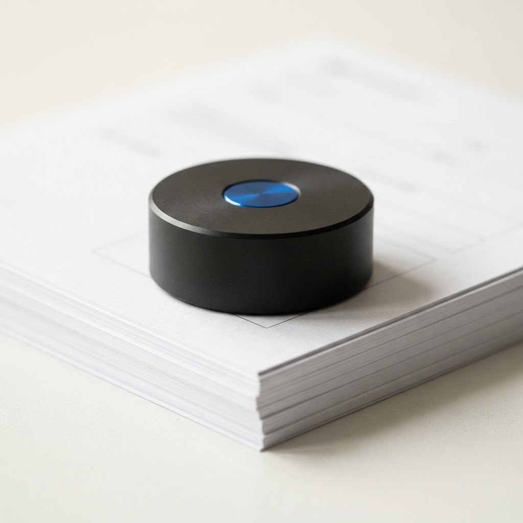 Close up of a black stationery weight on white documents with a blue inlay.