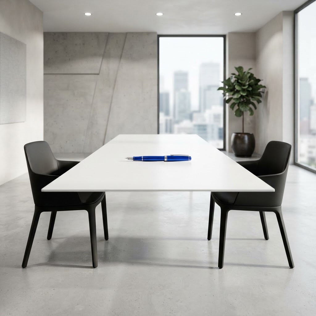 Minimalist office table with chairs and an electric blue pen.