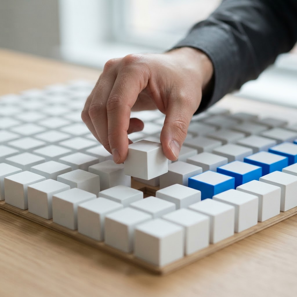 Hands organizing a grid of physical blocks