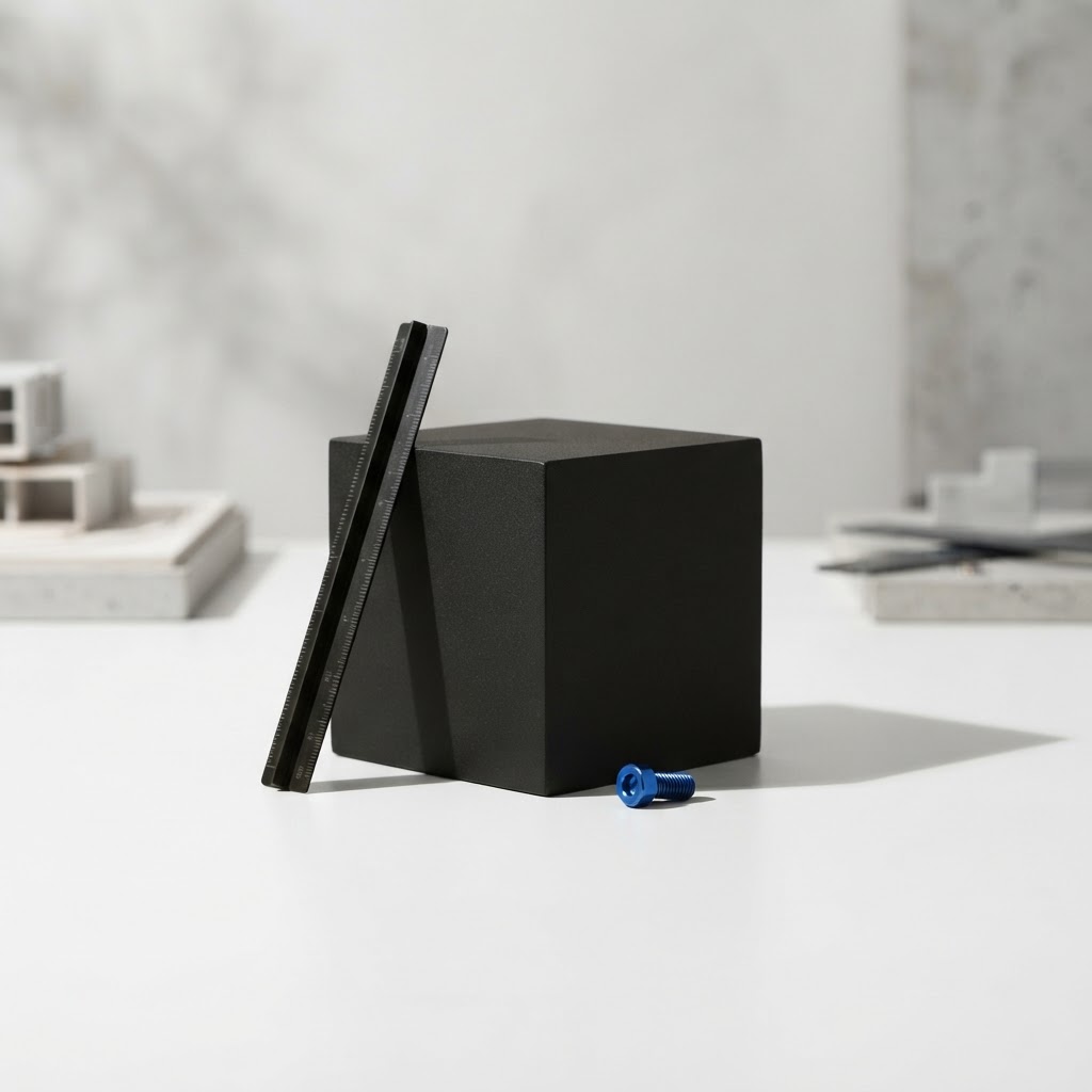 A black cube and measuring tool on a white desk
