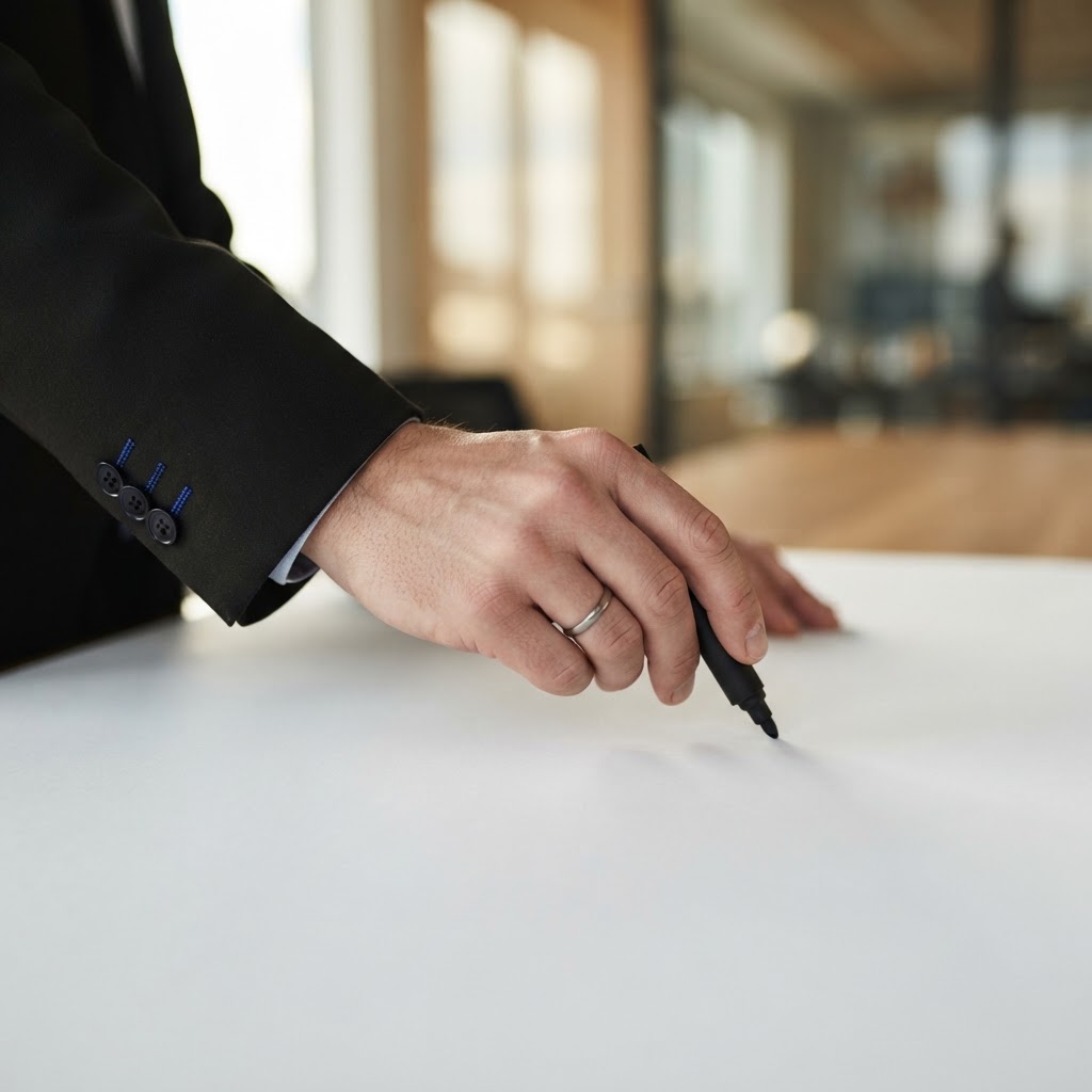 Hands placing a marker on a desk signifying strategy selection