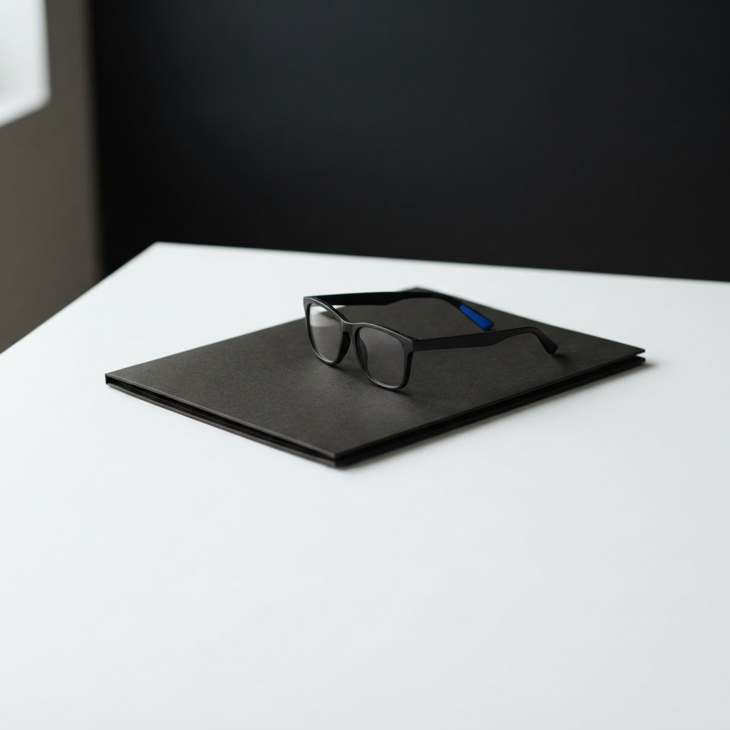 Portfolio folder and glasses on a minimalist workspace