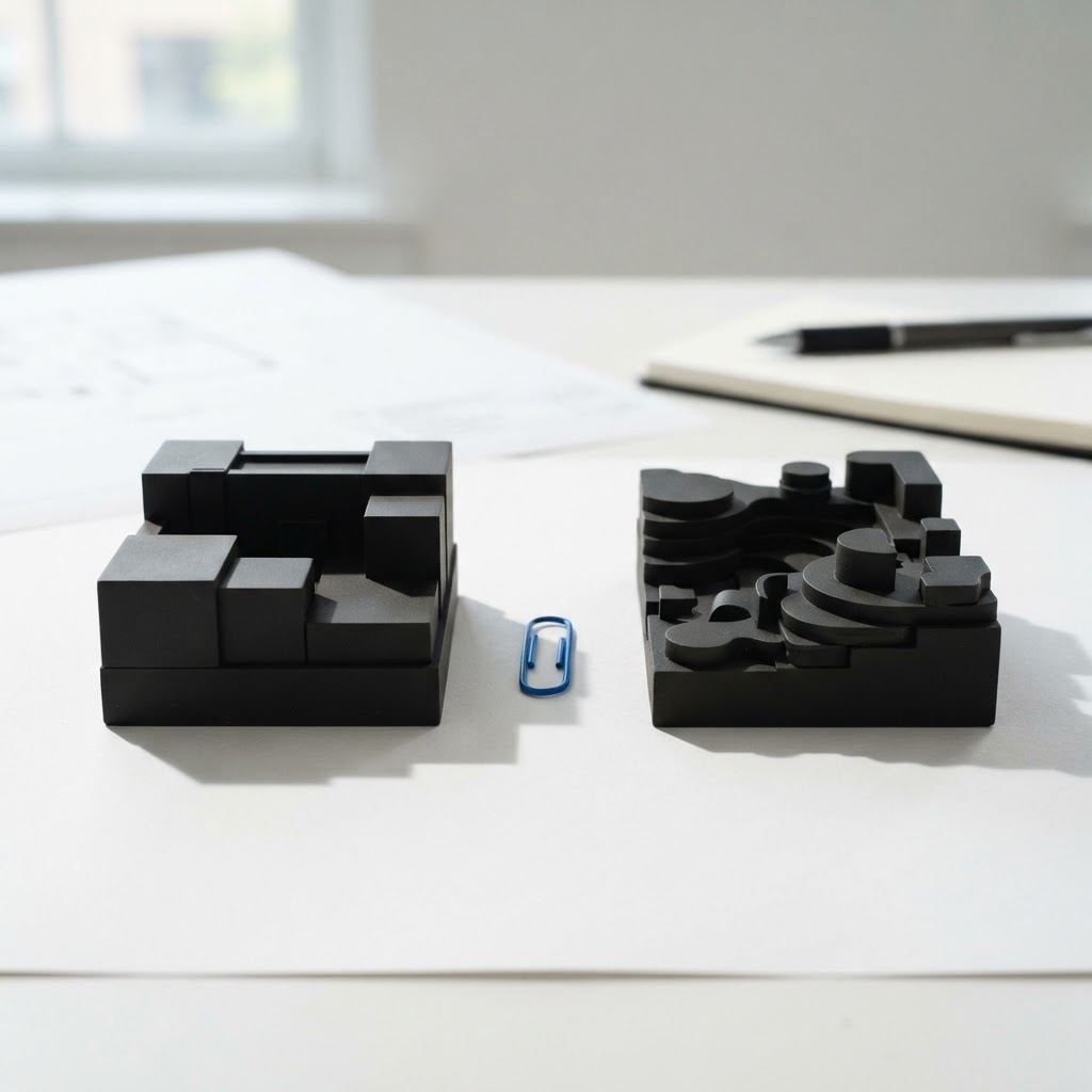 Two architectural blocks on a white desk representing agency choices