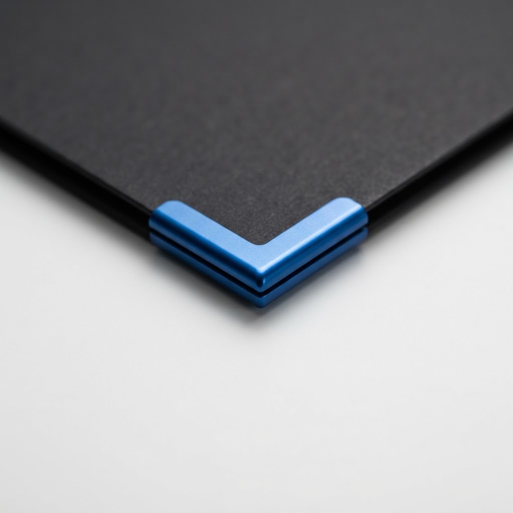 Close up of a professional folder corner with blue accent