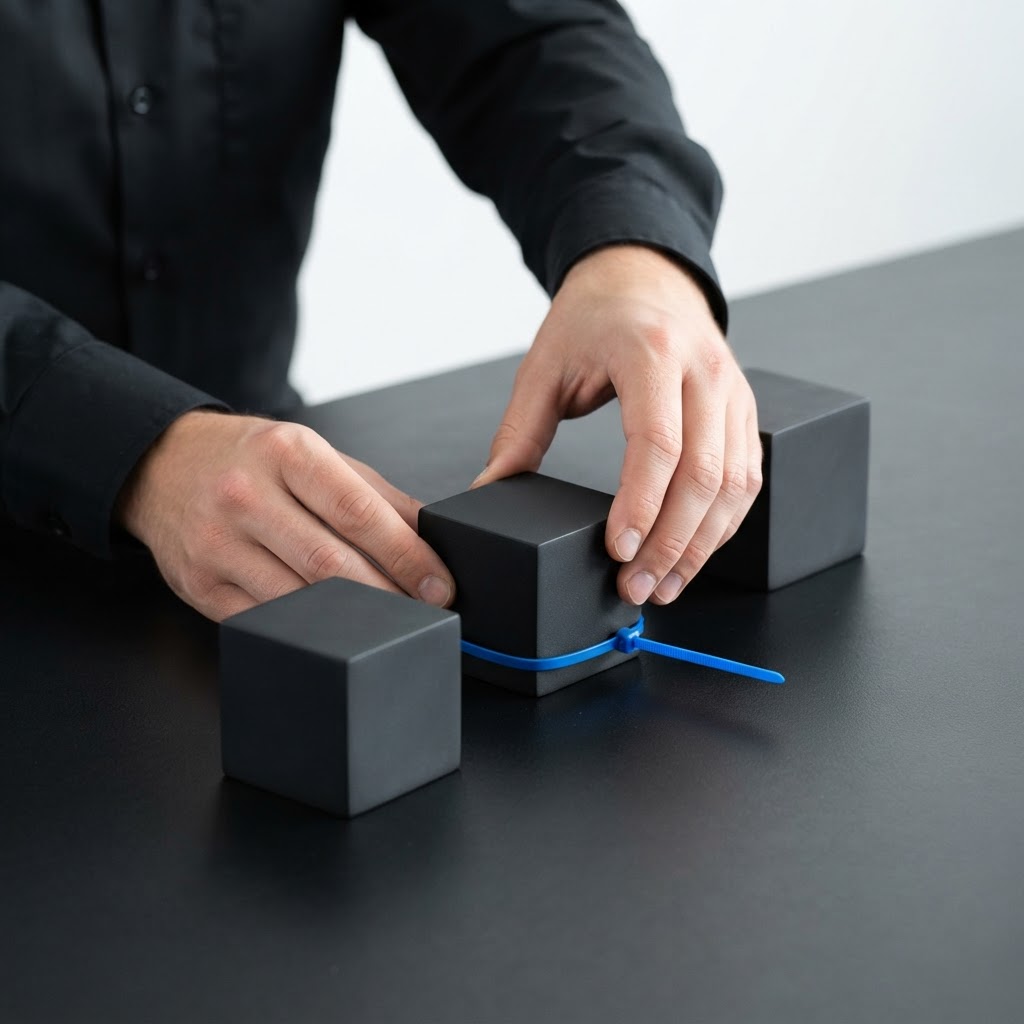 Hands arranging professional paperweights on a desk
