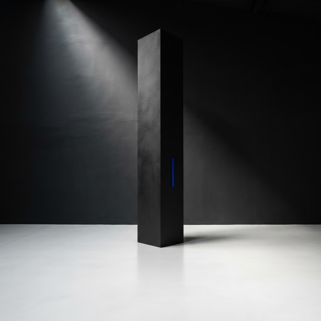 Minimalist dark architectural pillar with an electric blue accent