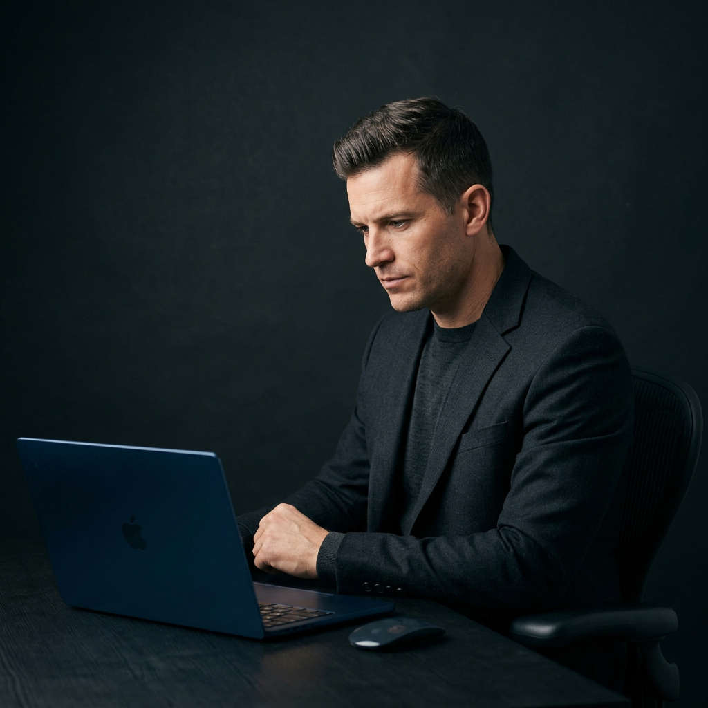 Marketing leader reviewing strategy with focused intent