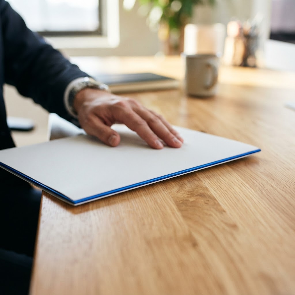Hand selecting a professional document folder on a desk