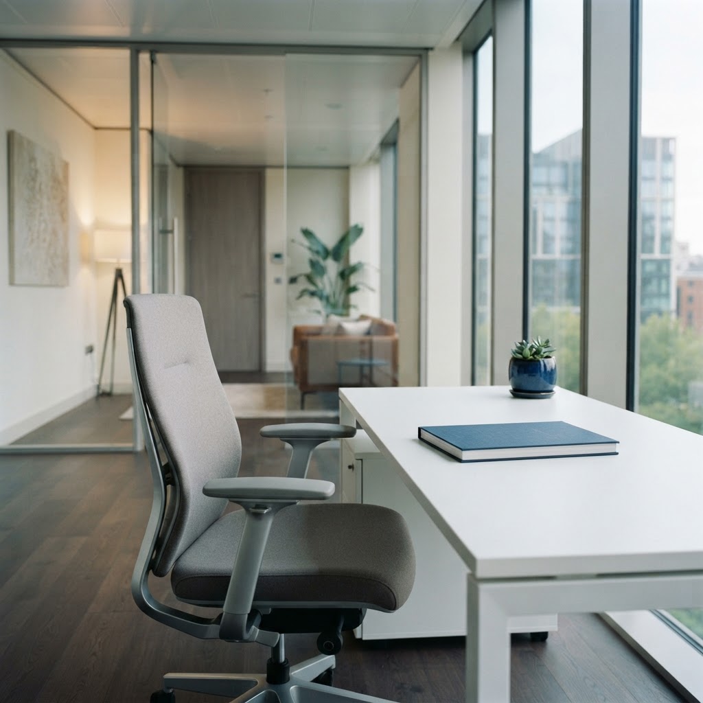 Minimalist office workspace with a single desk and document