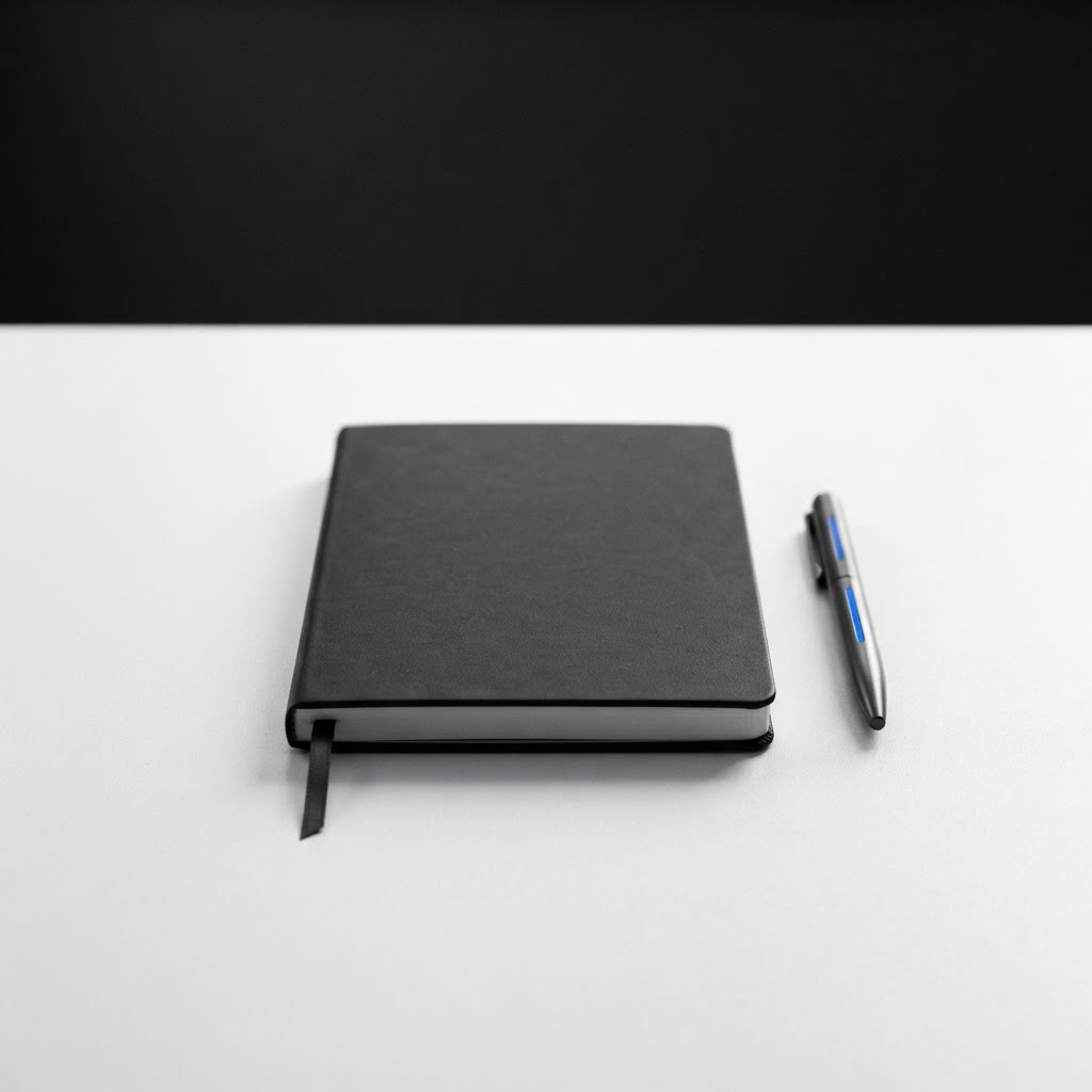 A matte black planner and precision pen on a white desk