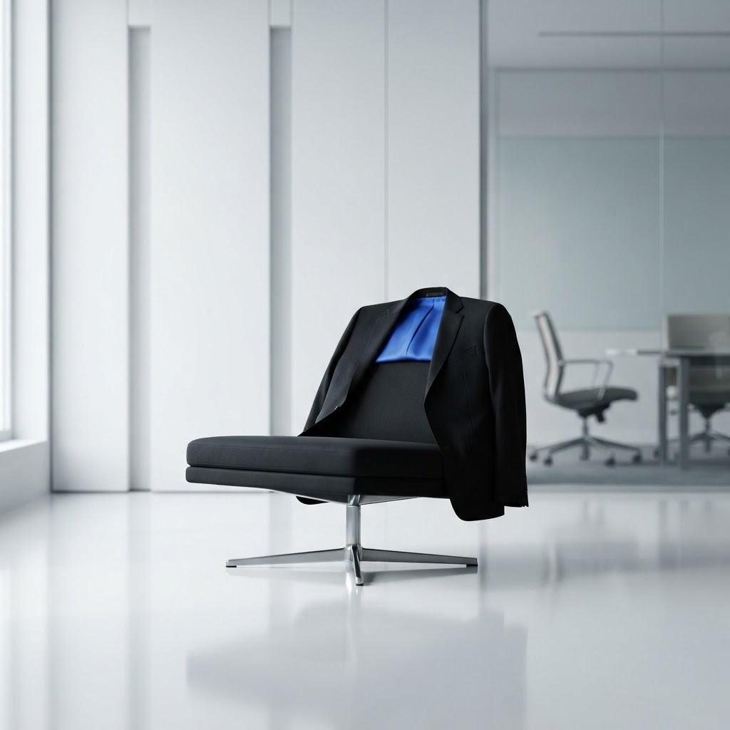 Minimalist office lounge chair with a dark jacket and blue lining detail