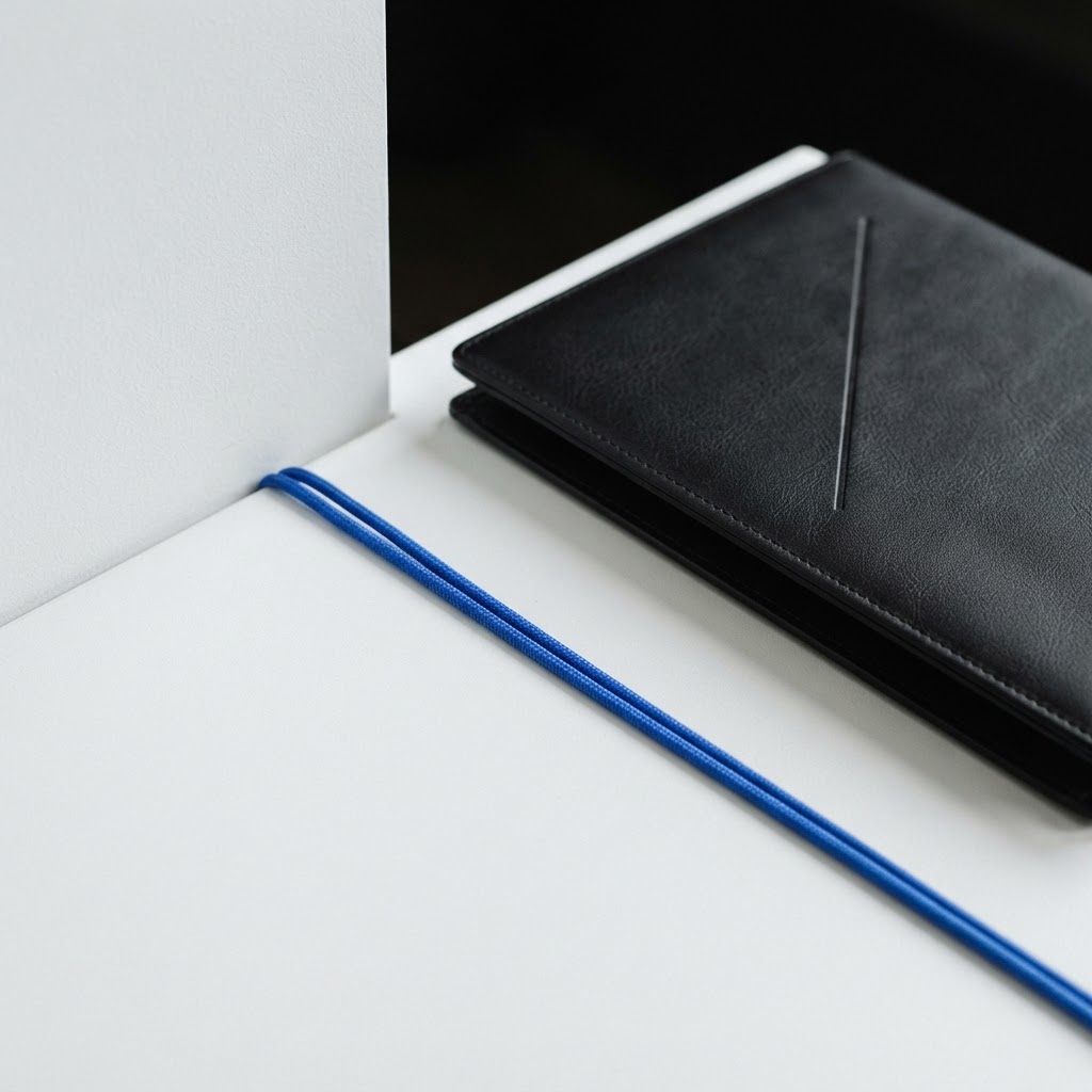 Professional leather document holder and blue lanyard cord on a white desk