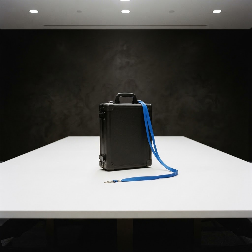 A single upright black file case on a white table with a blue lanyard
