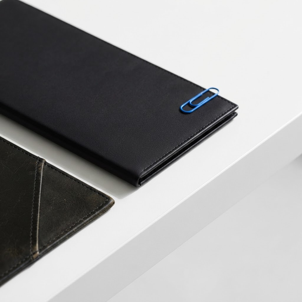 Macro view of a black portfolio on a white desk with a blue paperclip