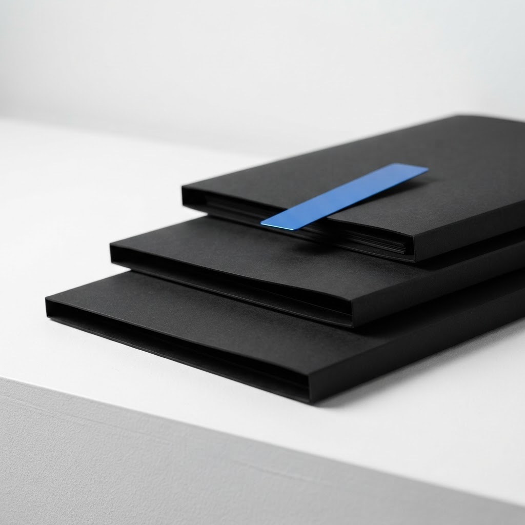 Three stacked black folders on a white surface with a blue bookmark accent