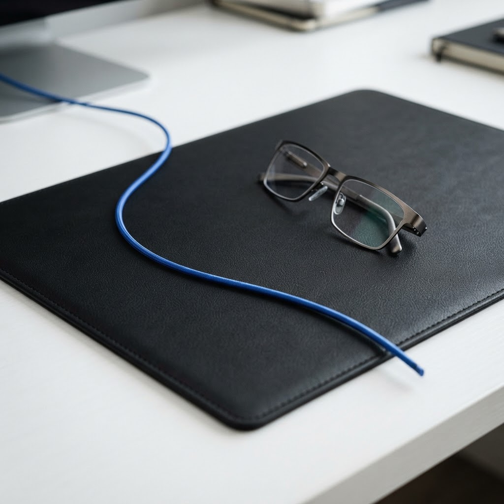 Glasses and blue cable on a desk pad