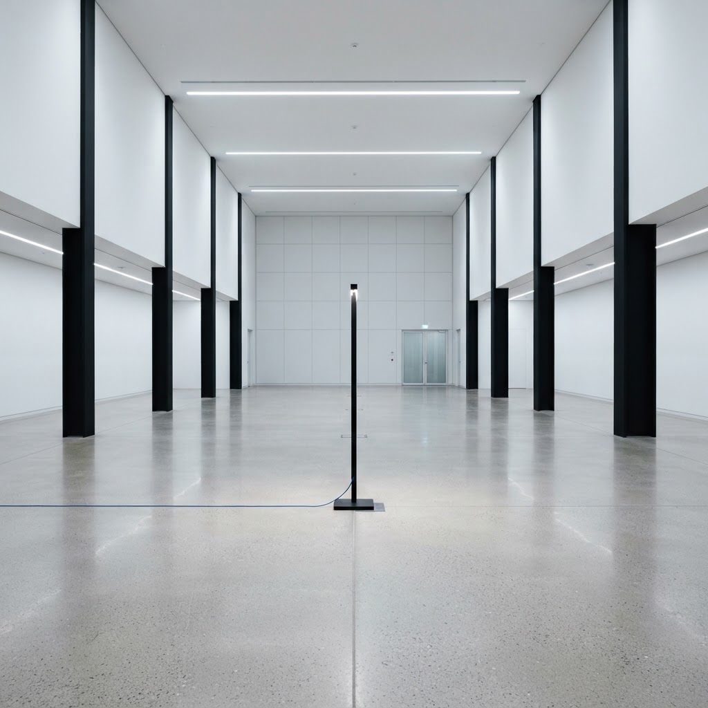 Minimalist conference space with blue power cord