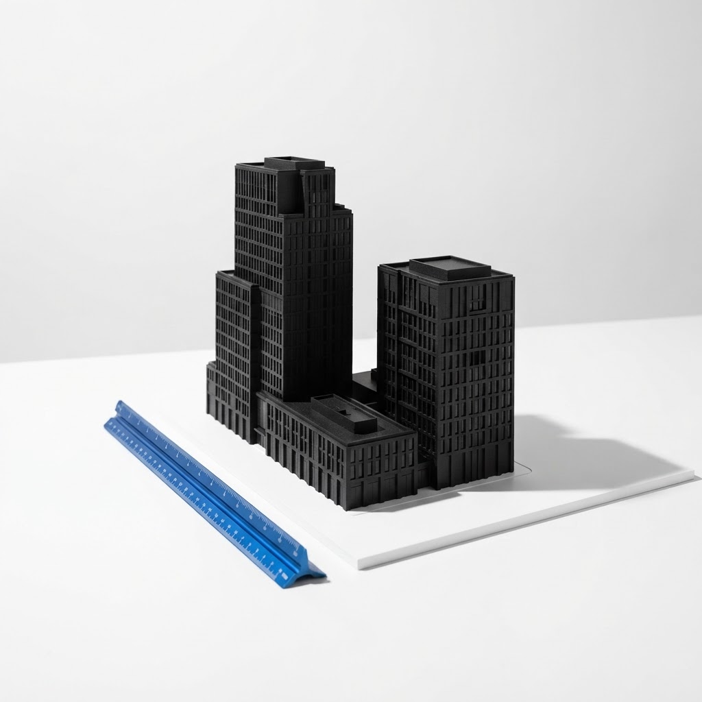 Two architectural models on a white table with a blue ruler