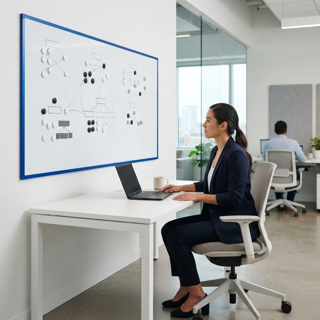 Professional strategizing AI visibility in a minimalist office