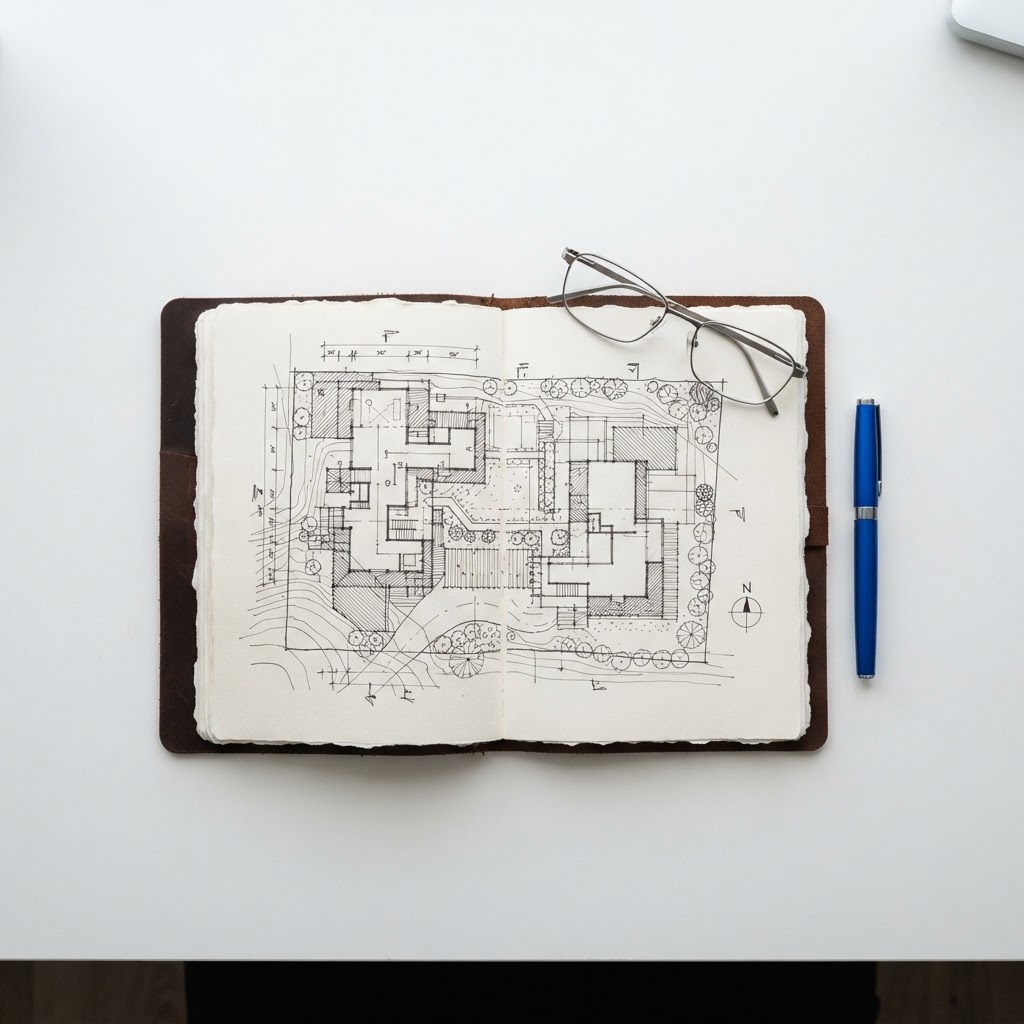 A high-level architectural site map on a clean desk