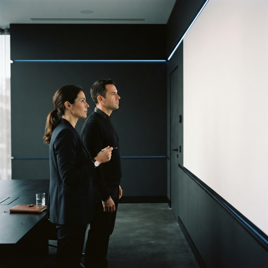 Two professionals in a modern office engaged in deep strategy