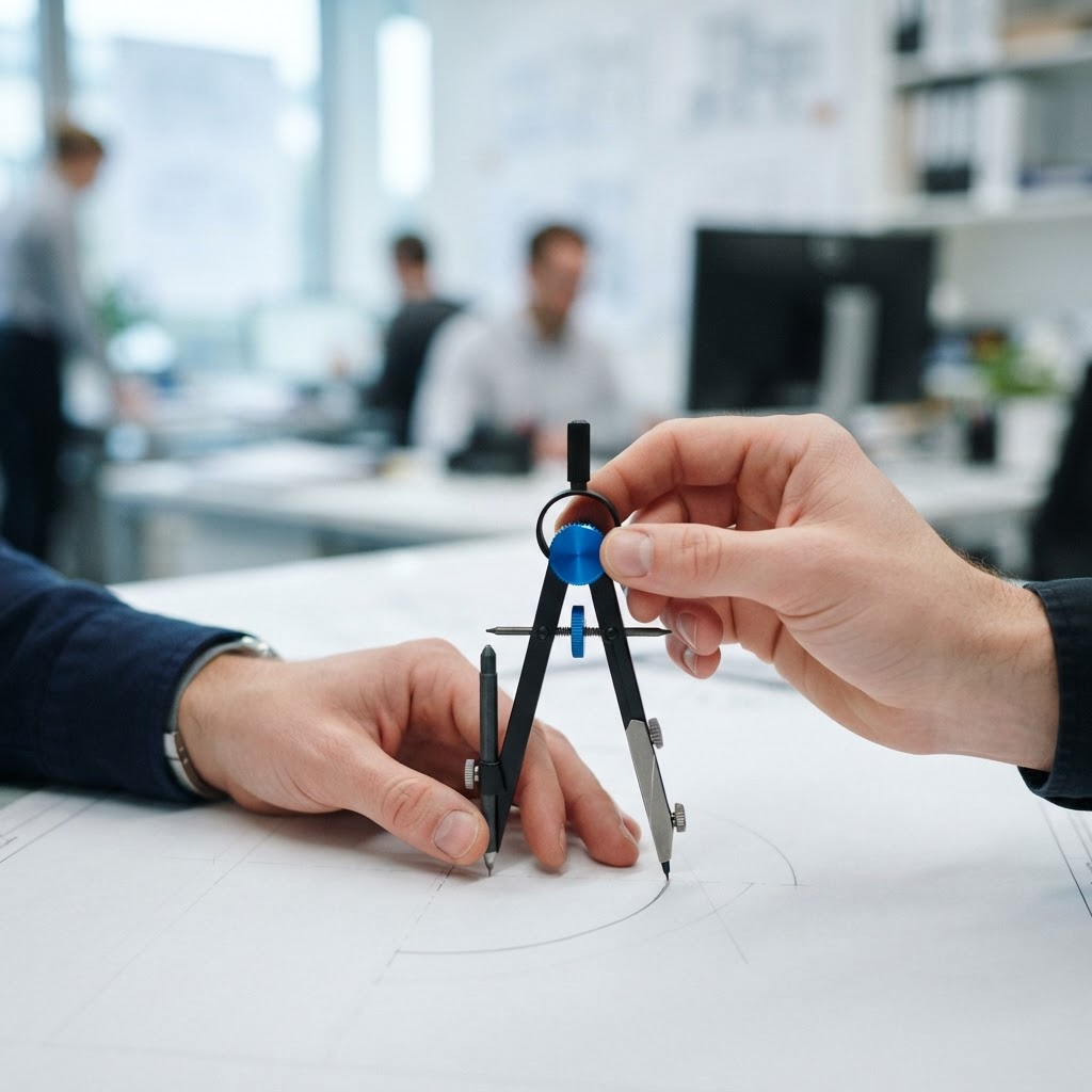 Hands adjusting a precision compass on a white desk
