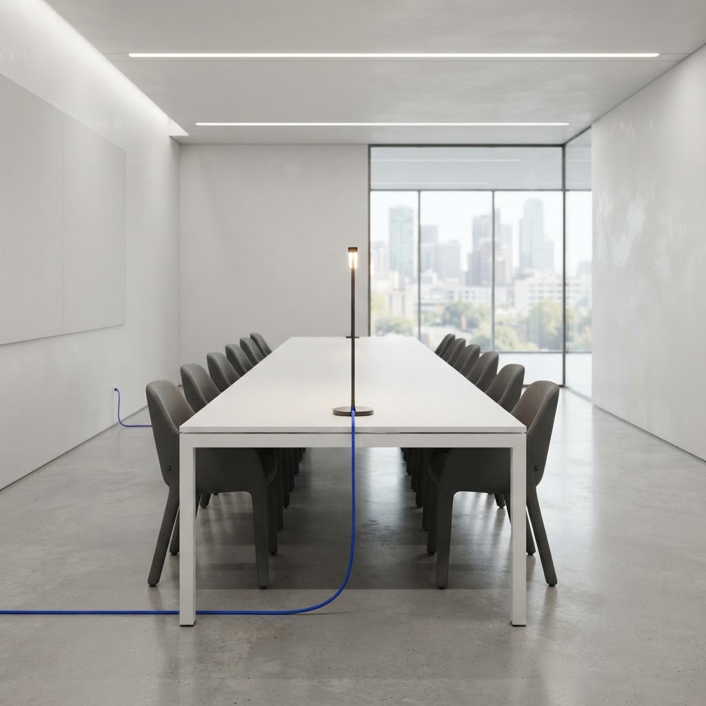 Minimalist office meeting table with a single electric blue power cord