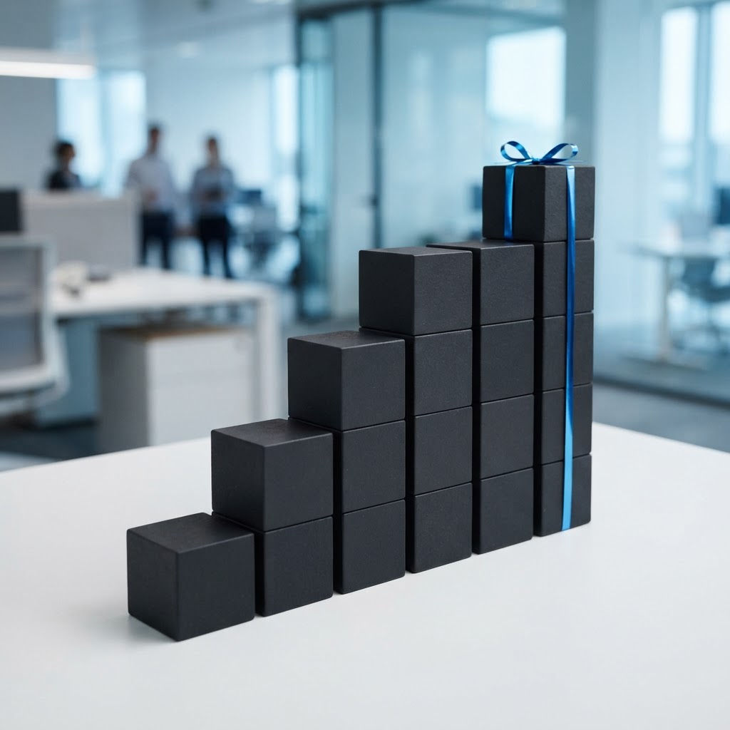 Professional arrangement of matte black blocks with a single electric blue accent