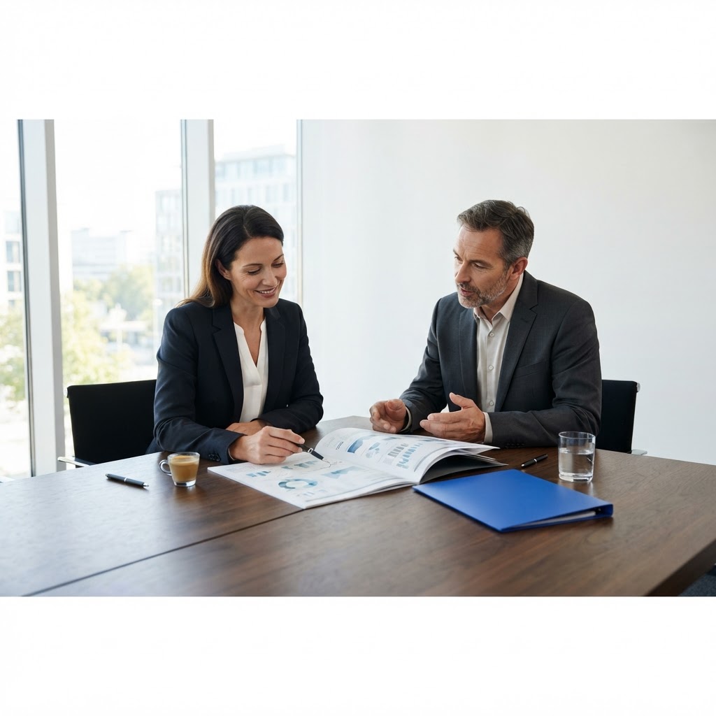 Professional strategy team collaborating in a modern office