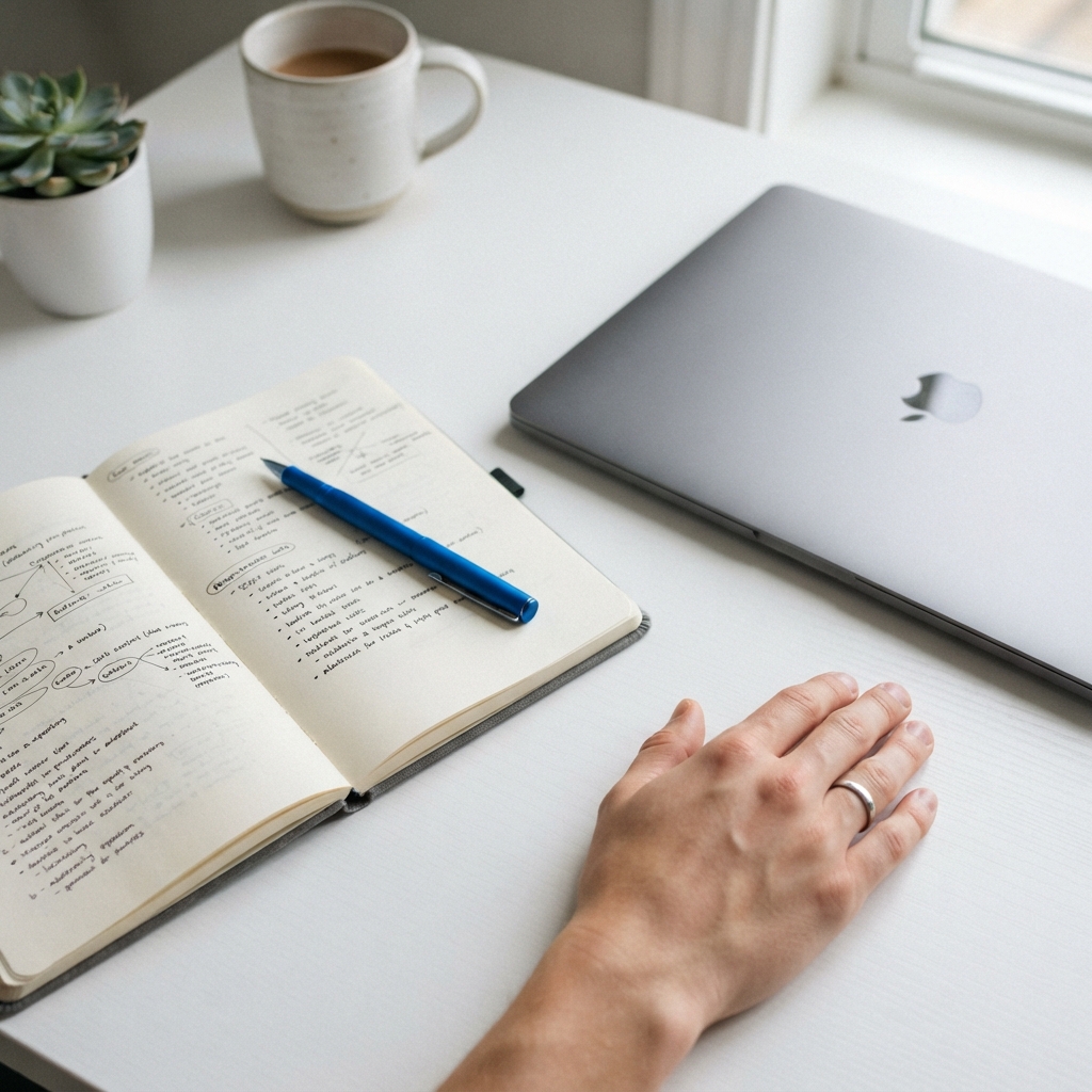 Minimalist desk workspace with notebook and laptop