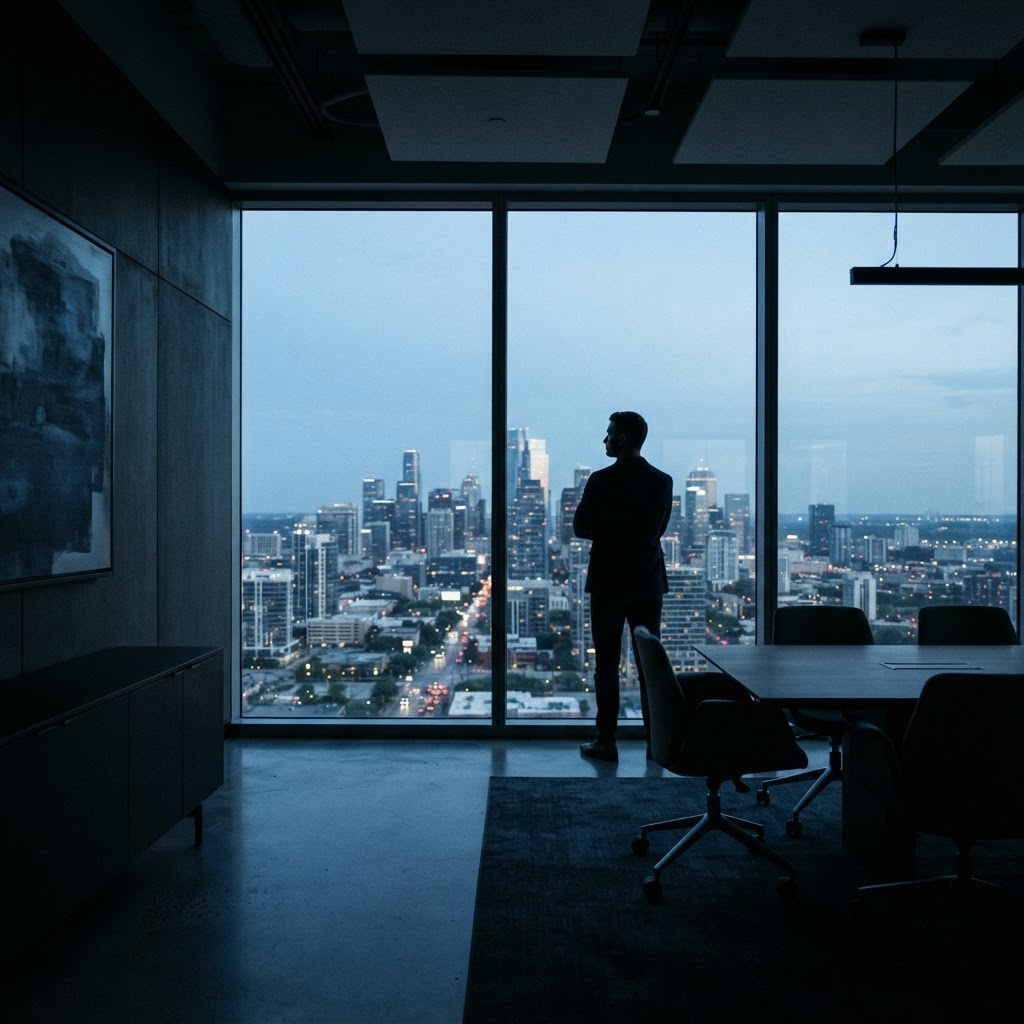 Professional in a quiet office looking out a window