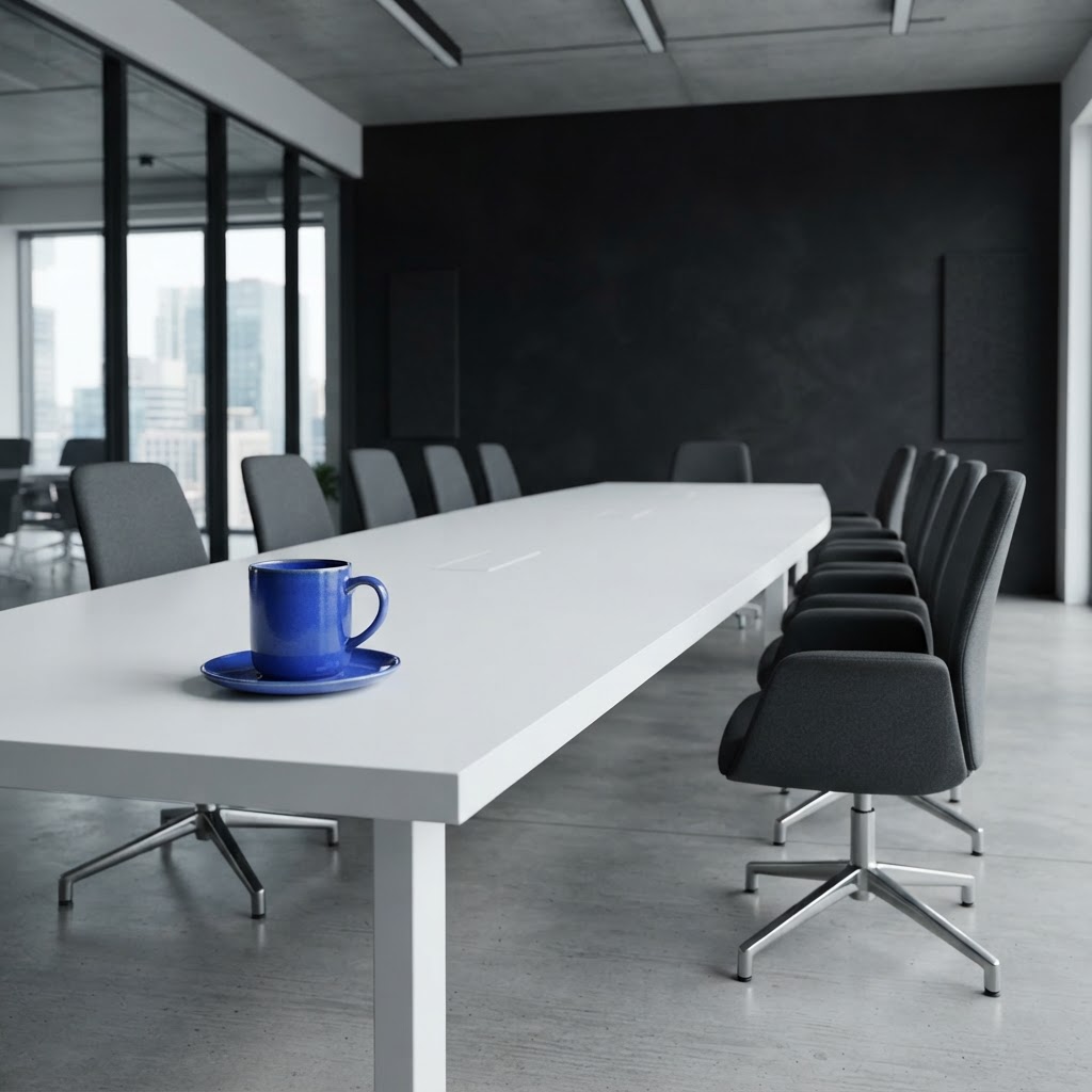 Minimalist conference room set for a strategy meeting