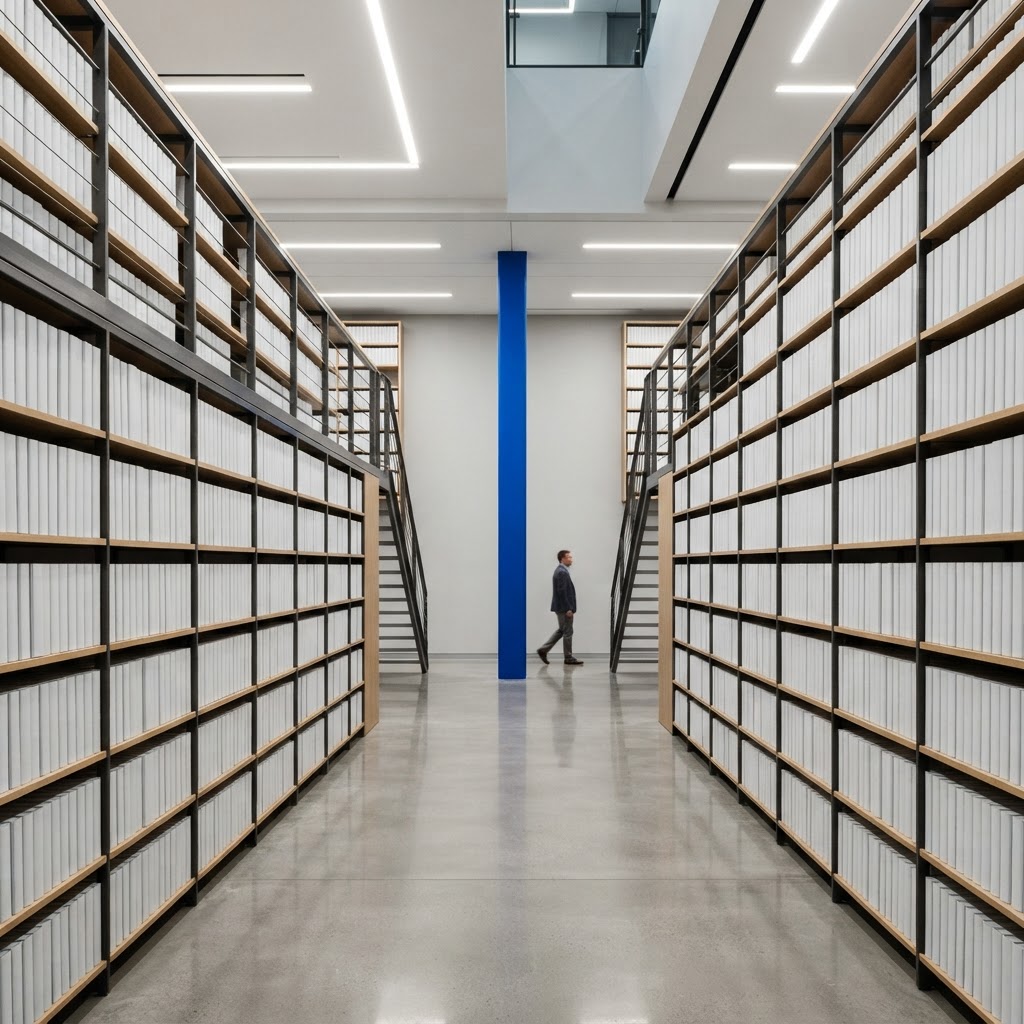 Minimalist library shelves with a single blue accent