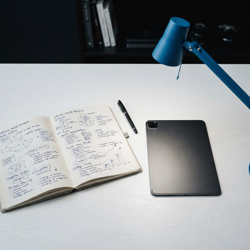 Open notebook with research notes on a clean desk