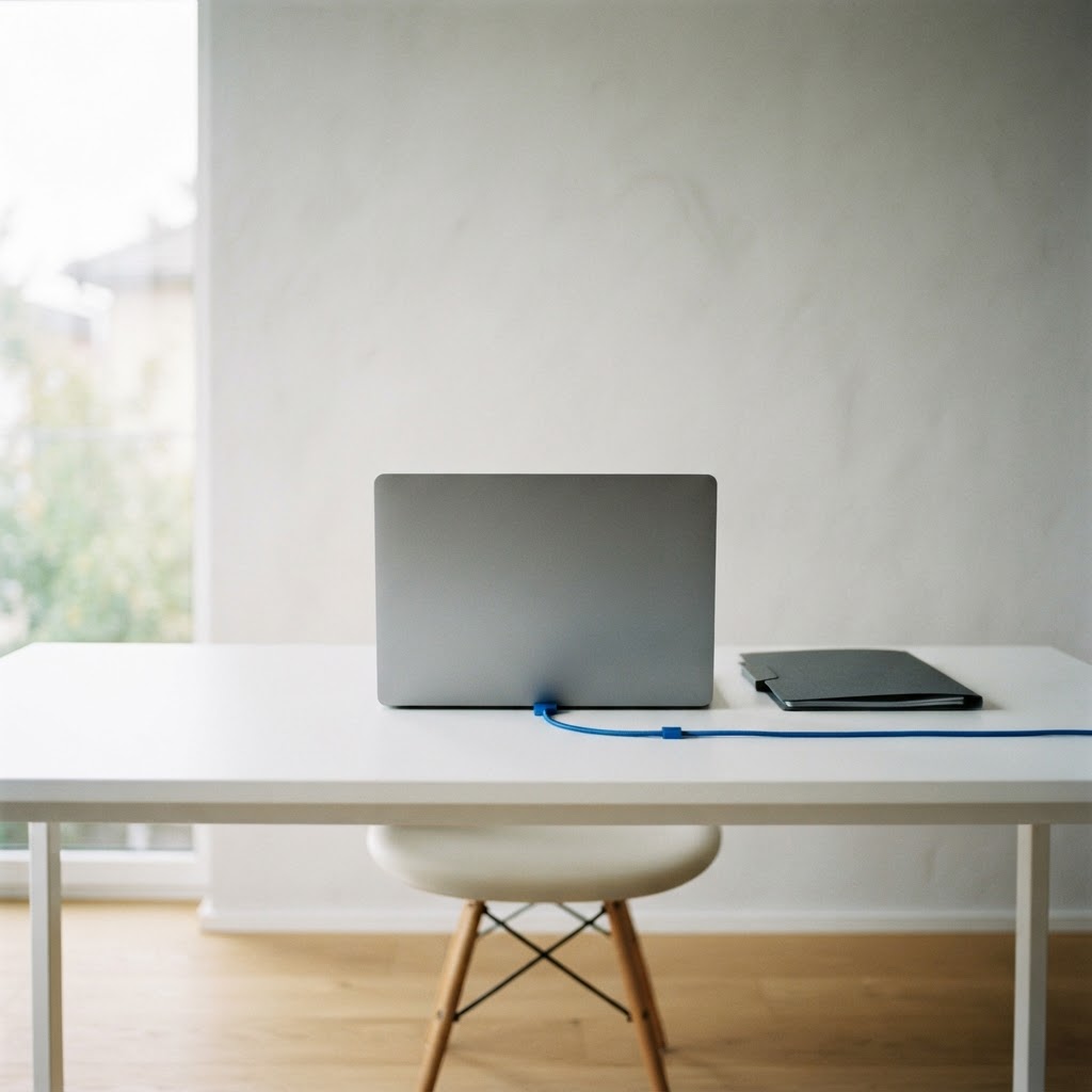 Minimalist desk setup with a laptop facing away