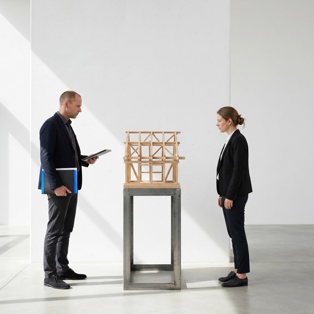 Two professionals collaborating on a strategic physical model