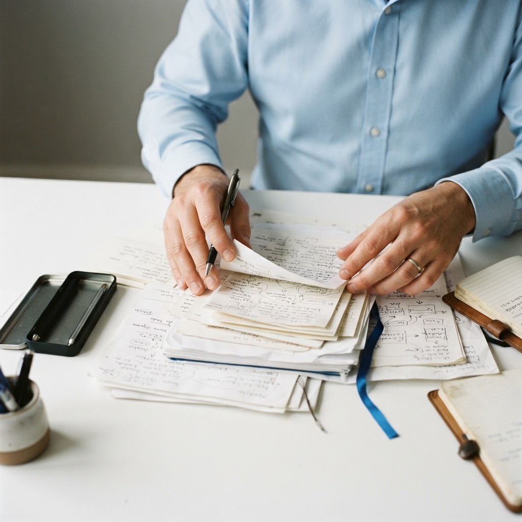 Hands carefully organizing professional strategy documents on a desk