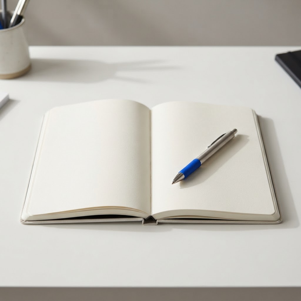 Open journal with an electric blue pen on a white desk